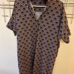 Women's Casual Button Down Shirt - Blue and Orange Pattern